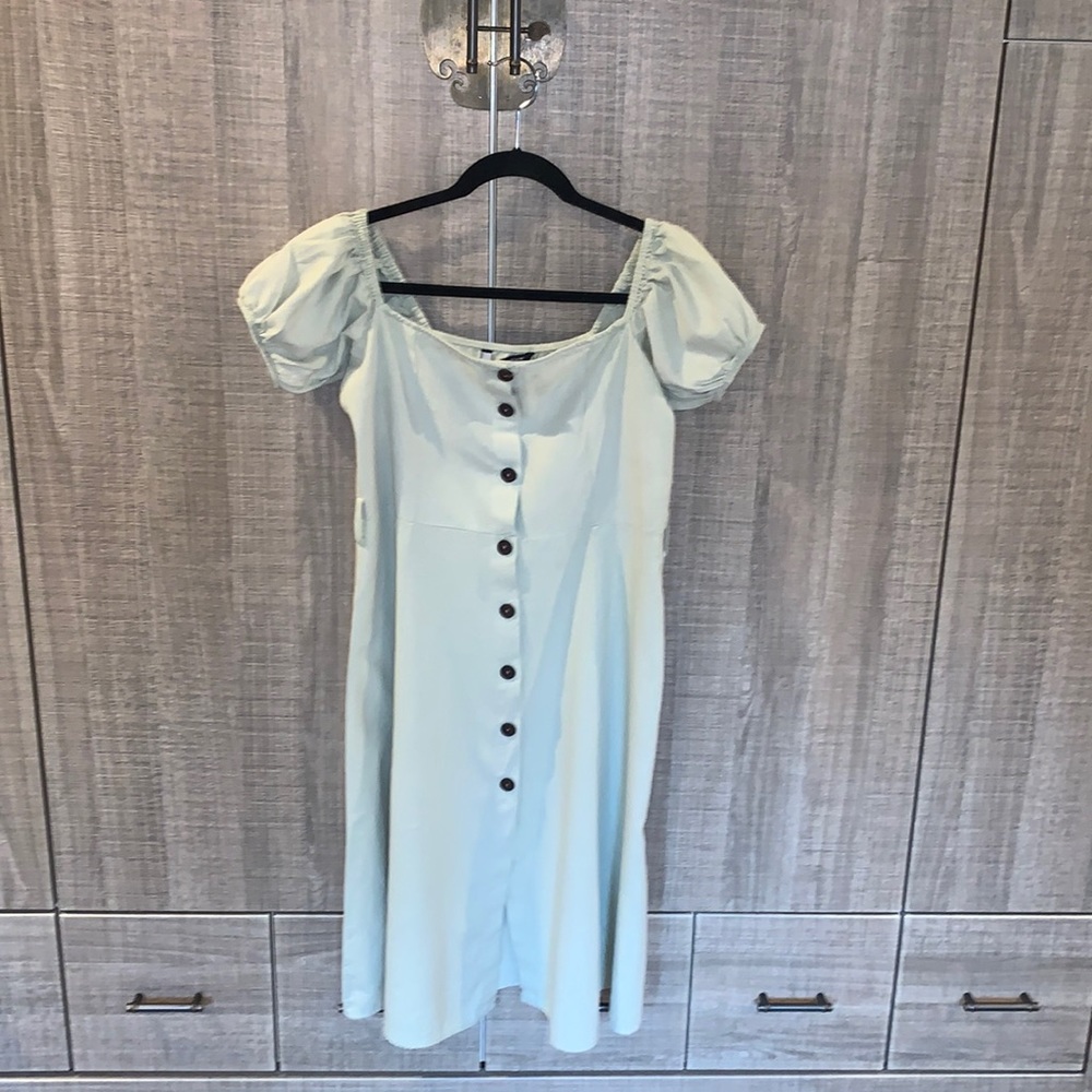 Zara Light Green Linen Puff Sleeve Midi‎ Woven Dress